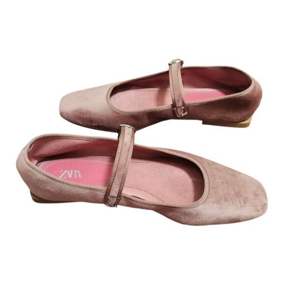 Zara Shoes Women's Size 37 Blush pink  Velvet Mary Jane Flats Square Toe Ballet - Picture 7 of 12
